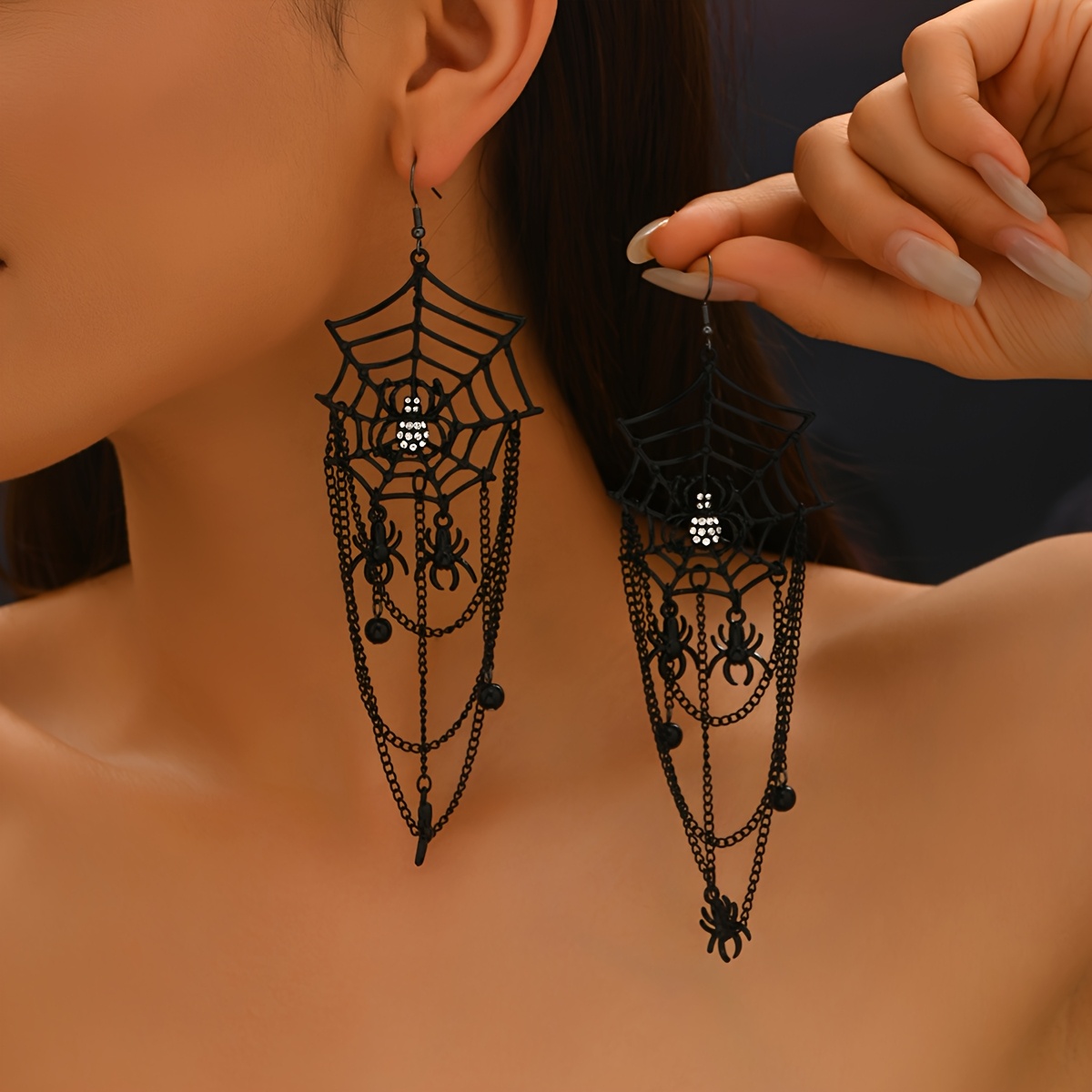 Spiderweb Rhinestone Drop Chain Earrings for Halloween